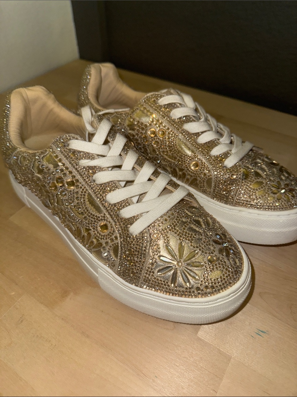 Betsey Johnson Gold Crystal Embellished Platform Sneakers - Picture 7 of 7